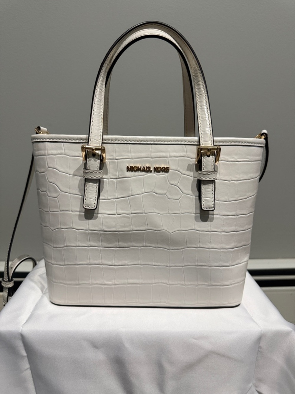 Michael Kors White Croc-Embossed Satchel with Gold Hardware